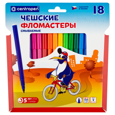 Фломастеры Centropen "Пингвины", 18цв., смываемые, картон, европодвес, 002727