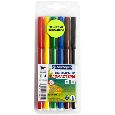 Фломастеры Centropen "Washable", 06цв., смываемые, блистер, 002751