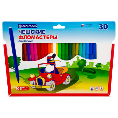 Фломастеры Centropen "Пингвины", 30цв., смываемые, картон. упак. с европодвесом/ПВХ, 002737