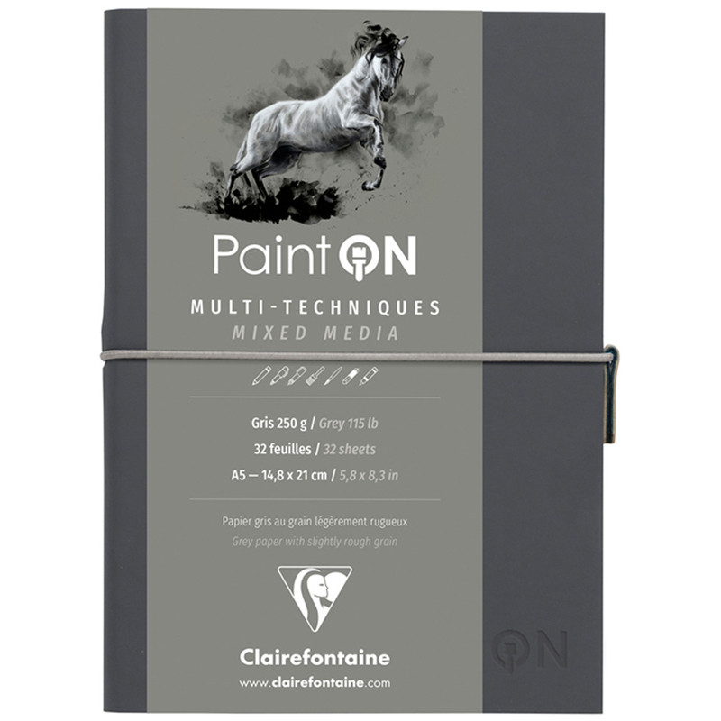 Скетчбук для смешанных техник 32л., А5 Clairefontaine "Paint ON", на сшивке, легкое зерно, серый, кожзам, 250г/м2, 304089