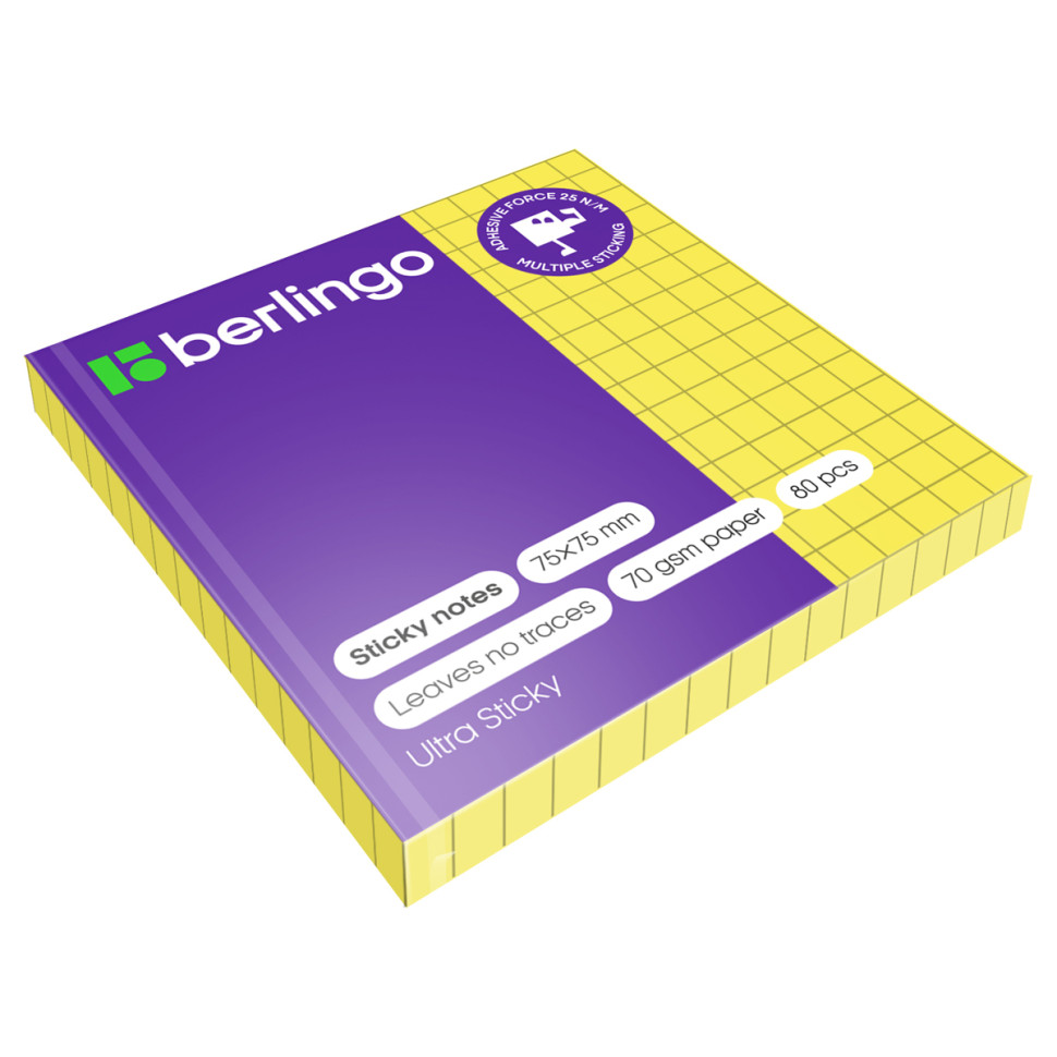Самоклеящийся блок Berlingo "Ultra Sticky", 75*75мм, 80л., в клетку, желтый неон, 287189