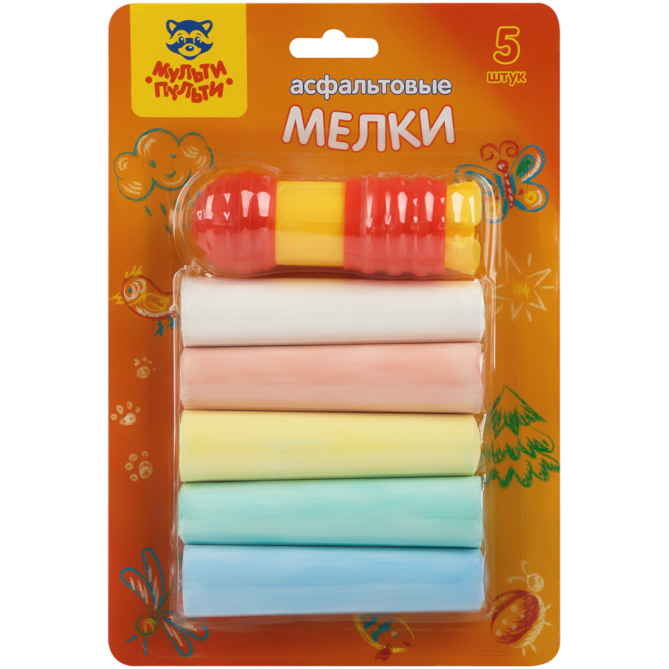Мелки цветные для асфальта Мульти-Пульти, 5шт., 5цв., круглые, с держателем, блистер, 351945
