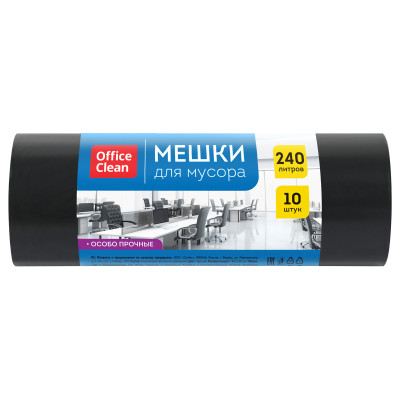 Мешки для мусора 240л OfficeClean ПВД, 90*130см, 55мкм, 10шт., особо прочные, черные, в рулоне, 355036