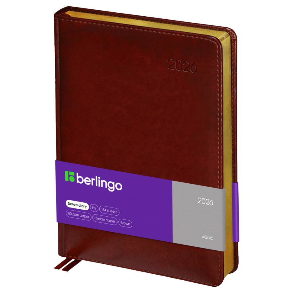Ежедневник датированный 2026г., А4-(В5), 184л., кожзам, Berlingo "xGold", зол. срез, коричневый, 381829