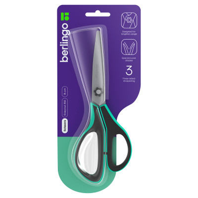 Ножницы Berlingo "Easycut 350", 18см, бирюзовые, эргономичные ручки, мягкие вставки, европодвес, 326336