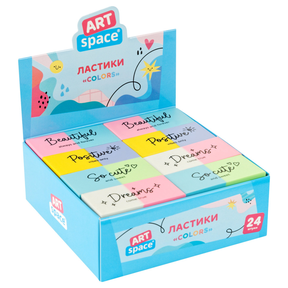 Ластик ArtSpace "Colors", прямоугольный, 44*22*11мм, 24 штук, 336989