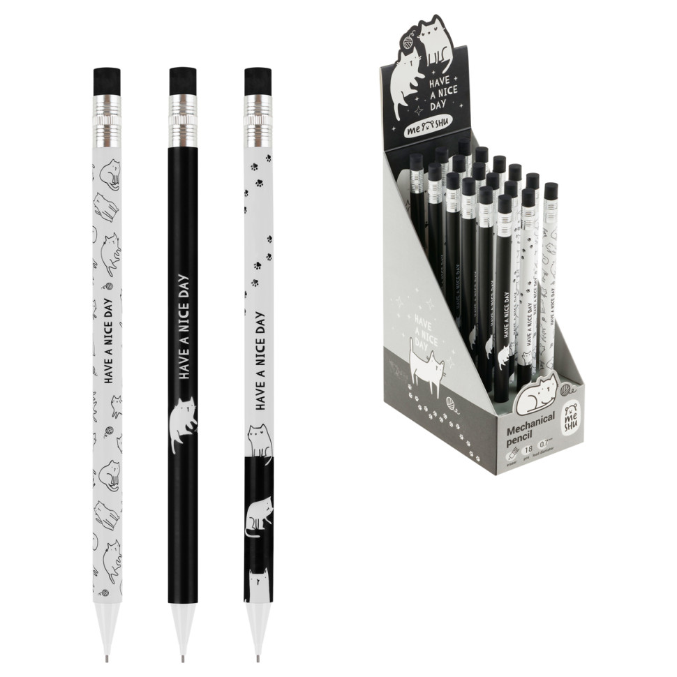 Карандаш механический MESHU "Cute pattern", печать на корпусе, с ластиком, 0,7мм, ассорти, 18 штук,  385177
