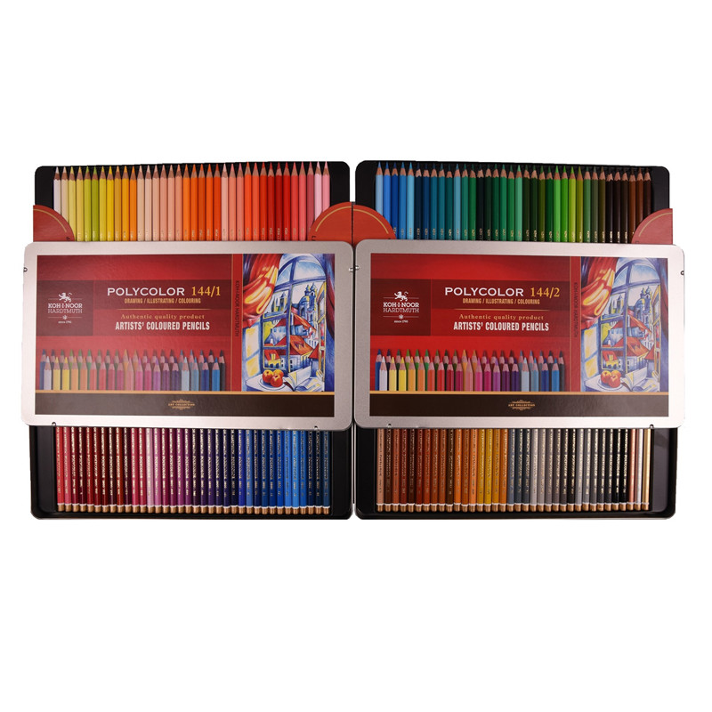 Карандаши цветные художественные Koh-I-Noor "Polycolor 3828", 144цв., заточен., 2 металл. пенала, 327289