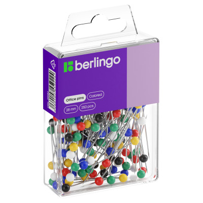 Булавки офисные Berlingo, 28мм, 250шт., пластик. коробка, европодвес, 143860