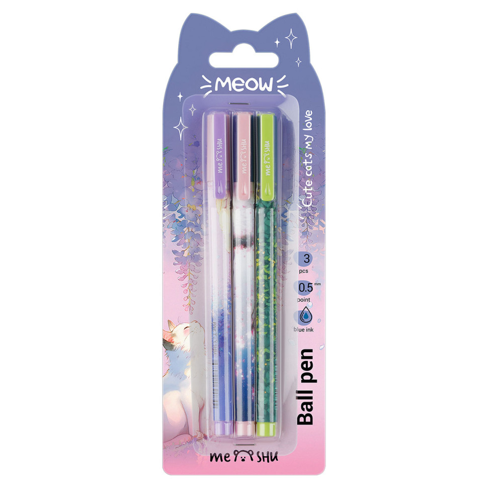 Ручка шариковая MESHU "Meow spring" 3шт., синие, 0,5мм, блистер, 36 штук, 382455