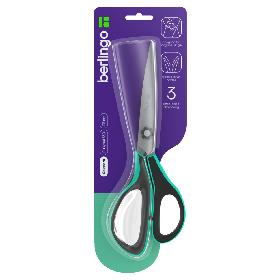 Ножницы Berlingo "Easycut 350", 23см, бирюзовые, эргономичные ручки, мягкие вставки, европодвес, 326344